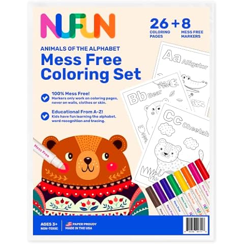 NuFun Activities Mess Free Coloring Set - Animals of The Alphabet, Kids Create No Mess Wonders with Special Coloring Paper, Gift for Toddlers and Kids, 26 Preprinted Pages and 8 Markers Cover