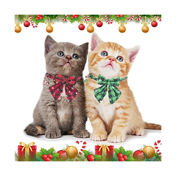Adoggygo christmas cat collars breakaway with stylish bow, 2 pack red green plaid with snowflake christmas kitten collar with bell, removable bowtie cat christmas collar for cats kittens - image 4