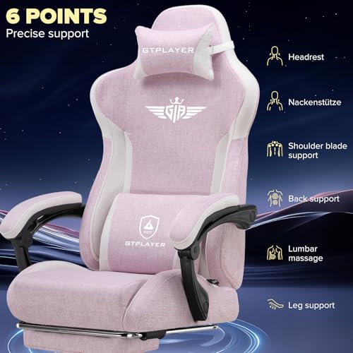 Image of GTPLAYER Gaming Chair, Computer Office Chair Lumbar Support, Linkage Armrests and Footrest, Ergonomic Game Chair for Adults with Extended Backrest, Linen Fabric, Pink