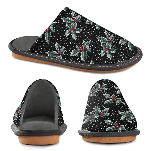 Slippers for Women Polka Dot Holly Leave Pattern Soft Winter Warm Shoes Indoor Outdoor Non-Slip House Travel Slippers4