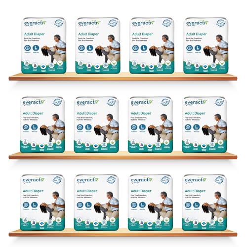 Image of Everactiv Adult Diaper - Wetness Indicator with Aloe Vera | Large (Waist 38-54 inches) - 120 Units (Pack of 12 x 10 Units) | Unisex (L, 120)