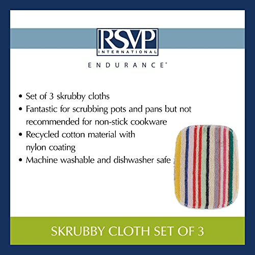 Rsvp International Skrubby Cleaning Collection Machine Washable, Nylon Coated, Pot & Pan Scrubbing, Cloths, 3 Piece, Multi-Color Stripe #TOP6