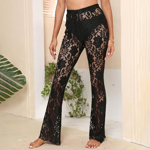 Women's Sheer Lace Flare Pants Sexy See Through High Waist Leggings Gothic Floral Bell-Bottoms Trousers Streetwear3