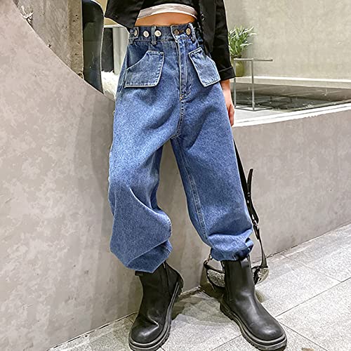Kids Girls Casual Straight Jeans Elastic Waist Loose Wide Leg Denim Pants with Pockets Baggy Trousers4