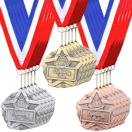 Quelay Spelling Bee Medals Bulk 2 Inches Gold Silver Bronze Back to School Medals with Neck Ribbons Metal Trophy Award Prize Gift for Spelling Tournaments Competitions Party Supplies(15 Pcs)
