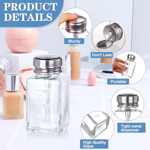 Asany 4 Pcs Clear Glass Bottle with Metal Flip Cover - 6 Oz/ 180 ml Push Down Pump Dispenser for Nail Polish and Makeup Remover3