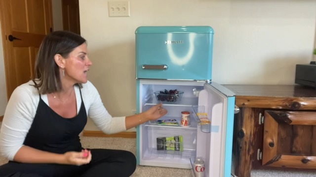 Image of DEMULLER Retro Mini Fridge with Top Freezer 100L Small Refrigerator with Two Doors & Two Handles Dorm Fridge with 7 Temperature Settings Spacous Capacity & Ideal Size Blue