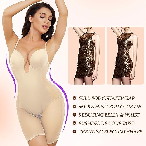 Slimers Body Shaper for Women Tummy Control U Plunge Backless Full Body Shapewear Mid Thigh Mesh strapless Bodysuit Top2