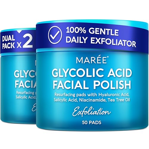 MAREE Glycolic Acid Polishes 2 PACK - Toner Polishes for Face Cleansing - Tea Tree Oil, Salicylic Acid & Vitamins E, B3, B5 - Facial Peel & Radiance Deep Cleaning Effect