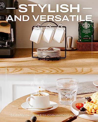 Lareina Espresso Cups With Saucers, Spoons And Metal Stand, Small 4 Oz Ceramic Cappuccino Coffee Cups Set Of 6, Cute Demitasse Cups With Handle For Nespresso Lungo, Double Espresso, Cortado(White) #TOP1