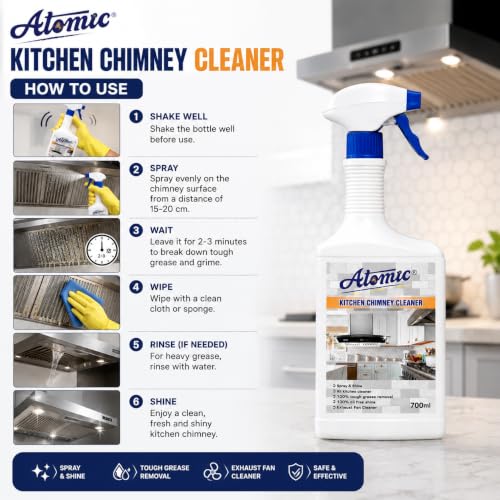 Image of Atomic Kitchen Chimney Cleaner 700ml | Powerful Grease & Oil Remover Spray | Deep Cleaning for Chimney, Filters & Exhaust Fan | Spray & Shine Kitchen Cleaner