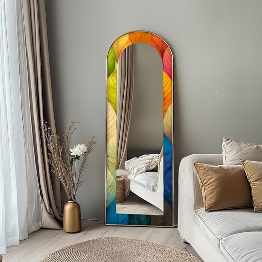 23,5’’W x 67’’H Botanic Spectrum – Leaf Pattern Abstract Floor Mirror Arched Full Lenght Mirror - Arch Full Body Stained Floor Mirror with Black Frame with Black Frame