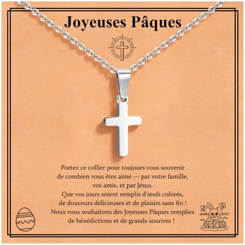 Cadeau Pâques Collier Croix Enfant - Collier Croix Chretienne en Acier Inoxydable Pendentif Croix Chaine Réglable Bijoux Catholique Happy Easter Gift Cadeau Anniversaire pour Filles Garçons Ados (Or)