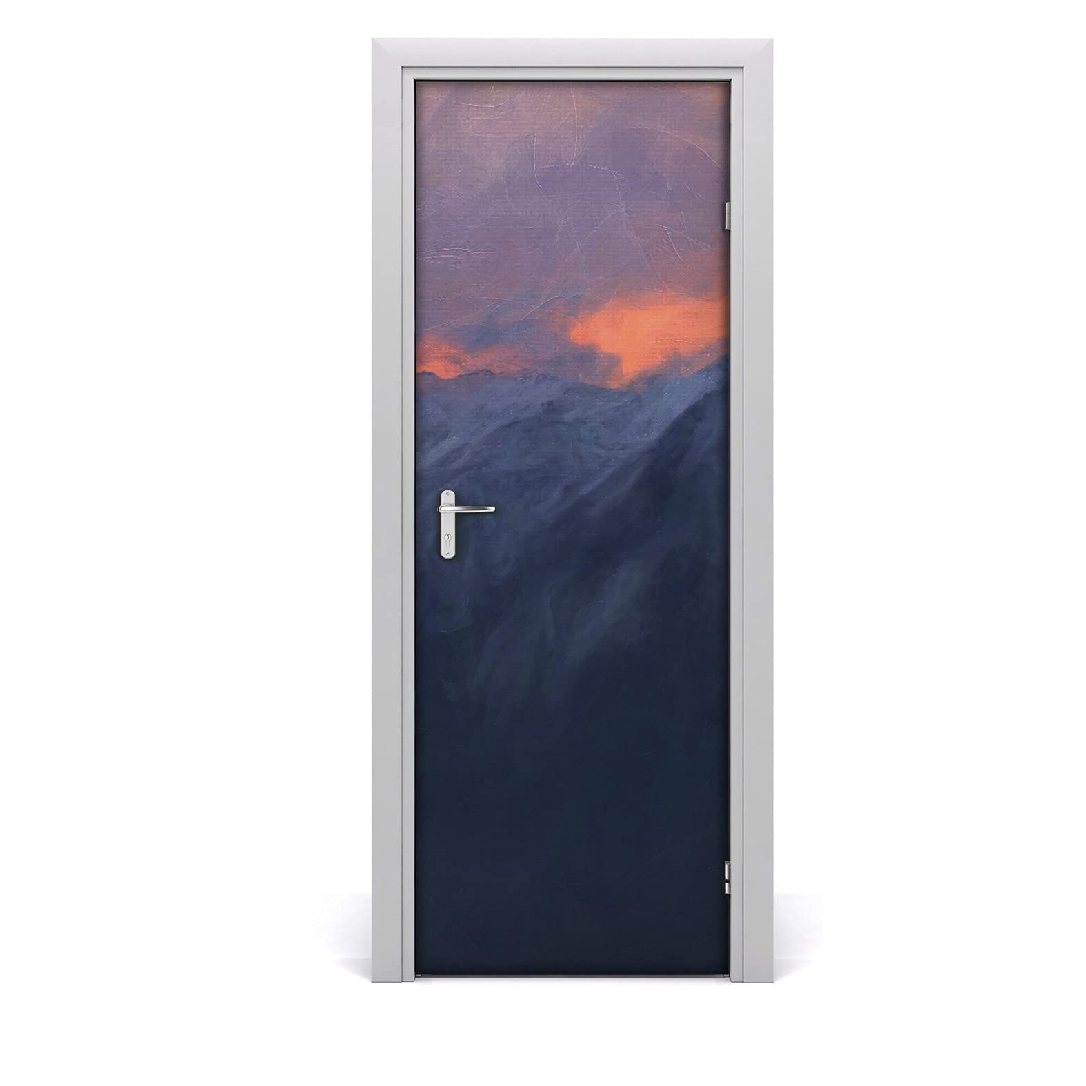 Papier peint sur la porte décor montagne pour créer une ambiance évasion au salon