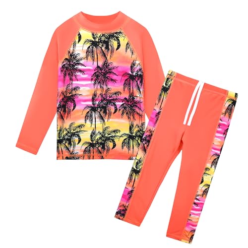 Image of TFJH E Girls Two Piece Swimsuit Long Sleeve Rash Guard Ages 3-12 | UPF 50+ sun protection, breathable , lightweight long sleeve swimsuit, full coverage, pool beach vacation, water park