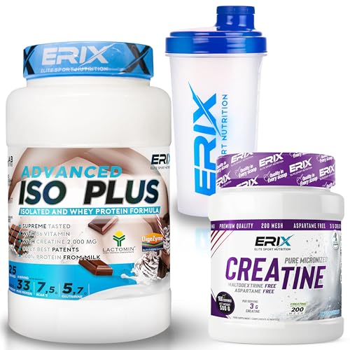 ERIX Nutrición Pack ISO Advanced Plus 1kg+ Creatina Monohidrato 500g+ Shaker Blanco, Proteína Aislada Isolate para Recuperación y Crecimiento Muscular, Musculación (Chocolate)
