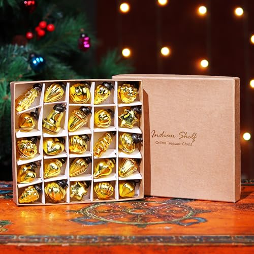 Image of Indian Shelf Gold Hanging Ornaments - 25 Premium Glass Christmas Ornaments - Vintage, Reusable, Non-Fading Gold Christmas Decorations