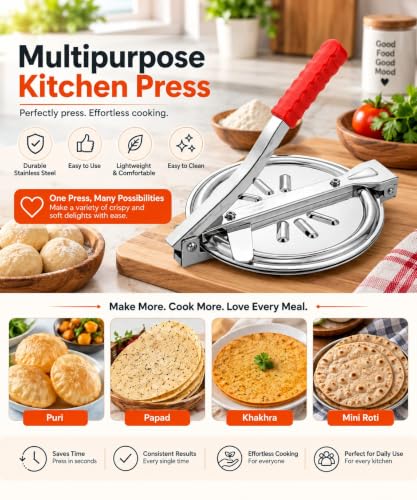 Image of Stainless Steel Manual Roti Maker Press for Chapati, Puri & Tortilla | Round Flatbread Press with Mirror Finish & Red Handle | Kitchen Tool