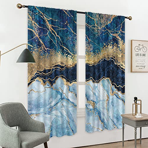 Mitpok Navy Blue Marble Curtains 42" W X 63" H Inches Modern Luxury Silver Liquid Gold Foil Cracked Lines Crystal Texture Abstract Insulated Rod Pocket Window Curtains For Bedroom And Living Room #TOP2