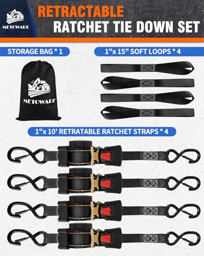 Image of METOWARE Retractable Ratchet Straps (4-Pack) - 1 inch x 10' (1500lb Break Strength) - Heavy Duty Auto Self Retracting Tie Down Straps for Truck, Trailer, Cargo Van, Motorcycle - Black
