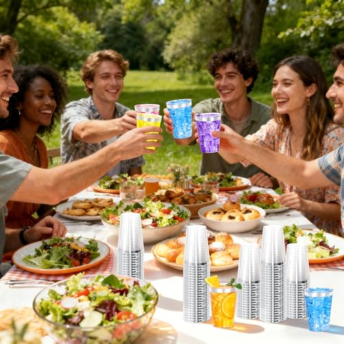 Image of 50 Pcs Silver Plastic Cups,12oz Silver Rimmed Plastic Cups,Heavy Duty Disposable Plastiic Wine Glasses Cocktail Glasses Premium Cup with Silver Rim for Party,Wedding,Christmas