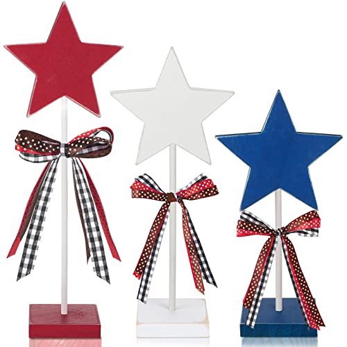 Amyhill 3 Pcs 4th of July Stars Decoration Patriotic Centerpieces Wooden Standing Star Block Memorial Day Decoration Rustic Independence Day Centerpieces for American Festival(Cute Style)