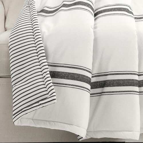 Image of Lush Decor Farmhouse Stripe Reversible Throw, Single, 50 inch W x 60 inch L, Black - Classic Modern Rustic Charm - Cozy Soft Single Pinstripe Print Blanket