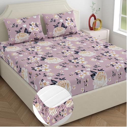 Image of Home Ecstasy Microfiber Wrinkle & Fade Resistant King Fitted Bedsheet with 2 Pillow Covers - (Size 72 x 78 inches, 140 GSM, Colour - Purple)