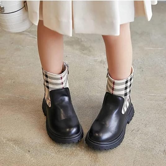 Black Plaid Fashion Boots Girls Side Zipper Chelsea Boots Fall Winter2