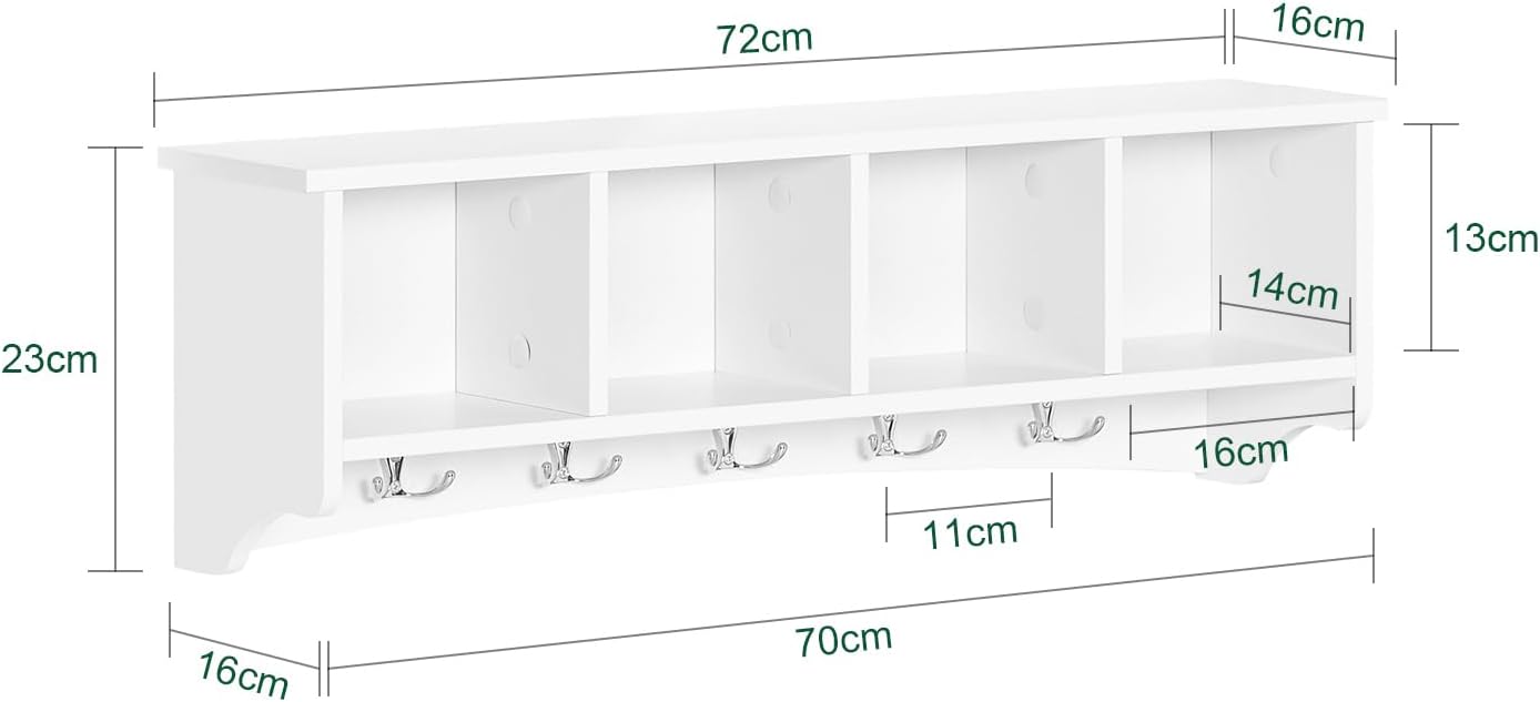 Haotian White Wall Shelf with Coat Hooks, Wall Coat Rack Entryway, Display Storage Unit with 4 Components 5 Bathroom Kitchen Cupboard, FRG48-L-W