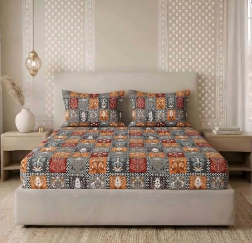 Image of BSB HOME 240 TC Cotton Fitted Double Bedsheet with 2 Pillow Covers, Soft Breathable & Skin Friendly, Jaipuri Printed, Elastic Fitted Bedsheet (72 x 78 + 8 Inches) (Char Bagh Print - Golden Amber)