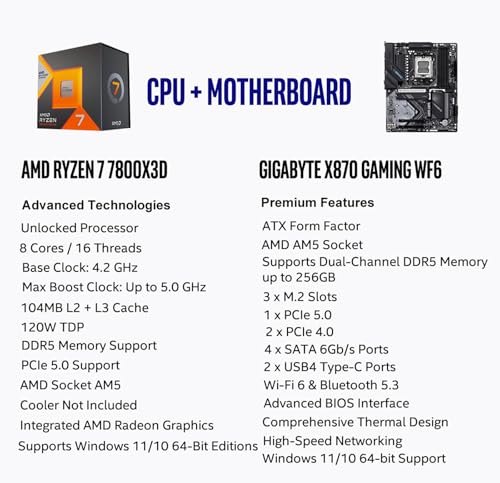 Image of Micro Center CPU Motherboard Combo: AMD Ryzen 7 7800X3D CPU Processor with Gigabyte X870 Gaming WIFI6 AM5 Motherboard (ATX, DDR5, 3X M.2, PCIe 5.0, USB4, EZ-Latch)