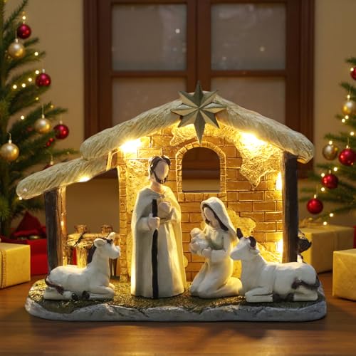 Top-spring Juego de figuras de belén con iluminación, juego completo de belén de Navidad, figuras de belén pequeñas, establo de belén, nativity Scene (juego de 5)
