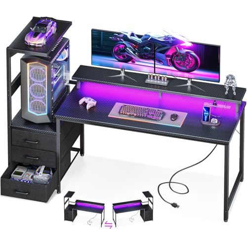 AODK 59 Inch Gaming Desk with USB Charging Ports & LED Light- Reversible Computer Desk with Storage Shelves & Monitor Stand, Modern Gamer Desk Table with Fabric Drawers & Side Hook, Carbon Fiber Black