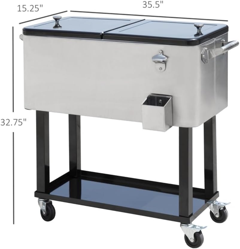 Rolling Cooler Cart 80 Quart Ice Chest Cooler Cart, Outdoor Patio Backyard Party Drink Beverage Bar Stand Up Cooler Trolley with Locking Wheels, Storage Shelf, Bottle Opener