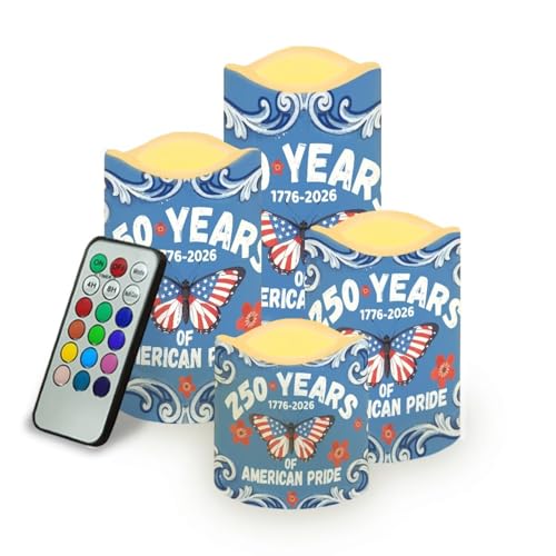 Image of 1776-2026 LED Candles 250th Anniversary Butterfly Pattern Battery Operated Flickering with Timer 4th of July American Pride Decor for Independence Day Living Room, 4 Pack