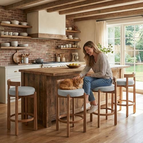 Image of LukeAlon Mid Century Linen Counter Stools Set of 4, Upholstered 26.5 inch Seat Height Low Barstools with Natural Wood Legs Round Low Back Kitchen Stool with Footrest for Dining Room Pub Island, Light Grey