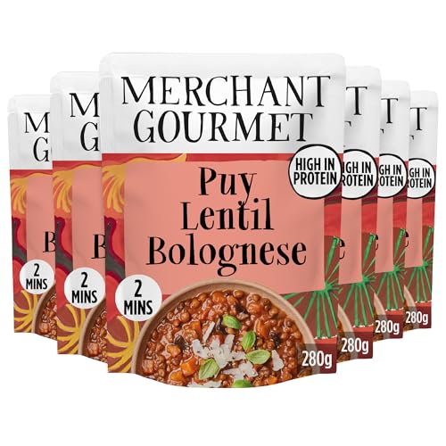 Merchant Gourmet Ready-to-eat Puy Lentil Bolognese Pack of 6 x 280g Pouches High in Protein High in Fibre Vegan. Cooked with Puy & Brown Lentils Mixed Mushrooms Sundried Tomato Paste Ready-Meal Option