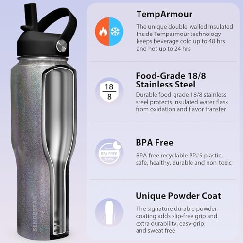 Image of SENDESTAR Water Bottle,Wide Mouth Stainless Steel Vacuum Insulated Double Wall Keep Liquids Cold or Hot All Day,Sweat Proof Sport Design,Fit Car Cup Holder,Laser Grey,40,Ounces