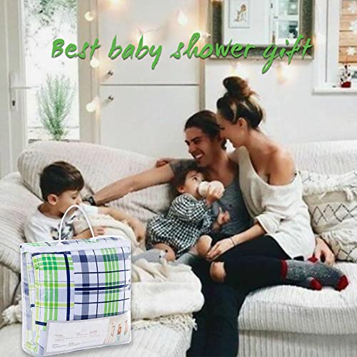 Bimocosy Baby Boy Crib Bedding Set, Standard Size Baby Bedding Set, Madrid Plaids 3-Piece Nursery Bedding For Boys, Baby Crib Set - Crib Sheet, Comforter & Crib Skirt, Blue/Green #TOP6