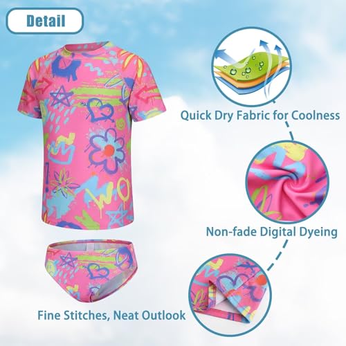 Image of Girls Two Piece Rash Guard Swimsuits Set Short Sleeve Bathing Suit for Kids Hawaiian Swimwear Set 3-16 Years