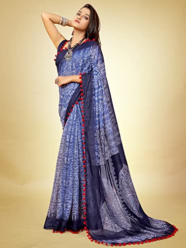 Image of AKHILAM Women's Ikat Cotton Blend Embellished Pom Pom lace Work Saree With Unstitched Blouse Piece (PUMPUM10A SR1 P)