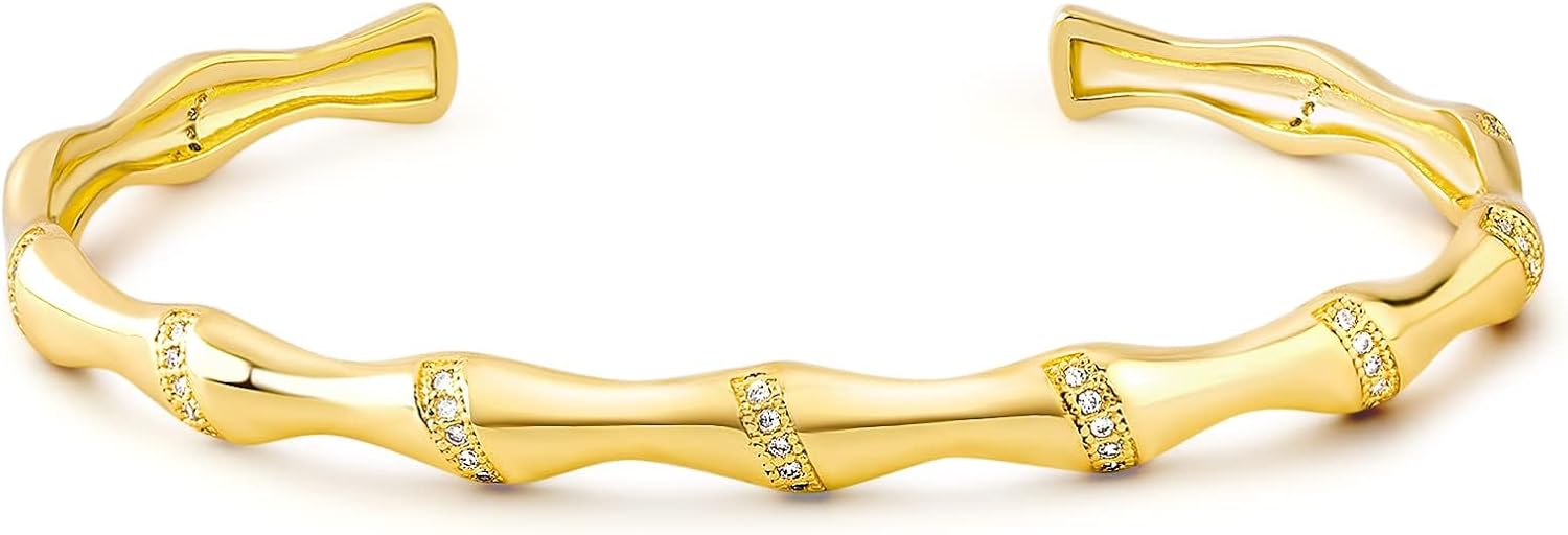 KissYan Gold Cuff Bangle Bracelets for Women, 14K Gold Plated Adjustable Open Cuff Bracelet Flat Hollow Butterfly Cubic Zirconia Gift