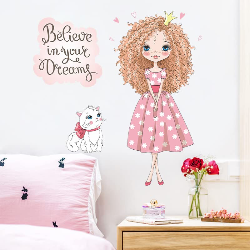 Image of Adorable Girl Cat & Quote Wall Stickers for Kids Room Bedroom Living Room Door Study Boho Nursery Wall Decoration Wall Sticker for Baby Girl Room Bedroom Nursery Playroom Decor-Self-Adhesive