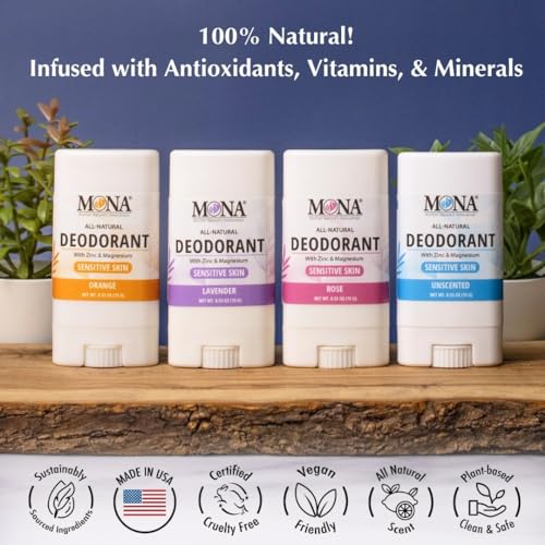 Image of MONA Brands Natural Mini Deodorant for Women & Men, Travel Size 4-Pack, Aluminum & Baking Soda Free, Gentle for Sensitive Skin, Vegan Deodorant Sticks, 0.53 oz Each