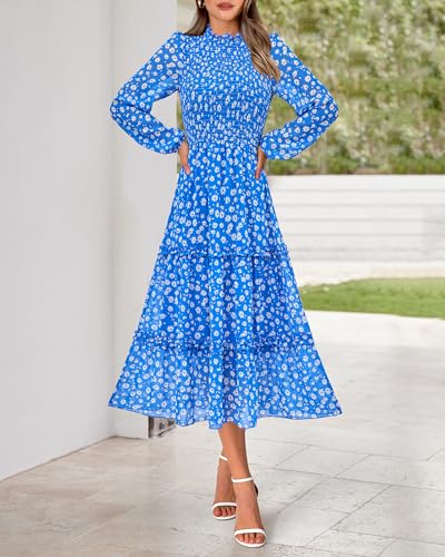 Image of NOLLSOM Women 2026 Spring Dress Floral Boho Dress Casual Long Sleeve Crew Neck Ruffle A-Line Flowy Wedding Guest Maxi Dresses