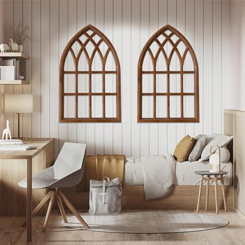 Sintosin Farmhouse Arched Window Frame Wall Decor 20 x 32 Inches, Hanging Burning Finish Cathedral Wooden Window Frame, Handmade Rustic Faux Window Pane for Fireplace Living Room Entryway Hallway