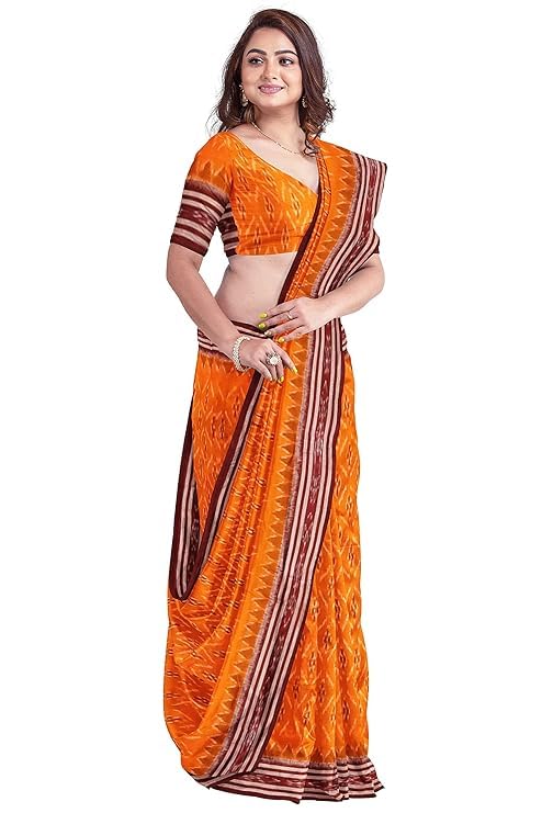Image of Ikat Women's Cotton Saree, Handmade Pure Cotton Khandua Saree, Ikkat Orissa Traditional Handloom Saree Without Blouse