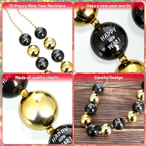 Lyrow 12 Pcs Happy New Year Jumbo Ball Necklace Bulk 2026 Black Gold New Year Eve Bead Necklace Party Accessories Assorted Holiday Beaded Costume for Party Favors by Lyrow - Image 3