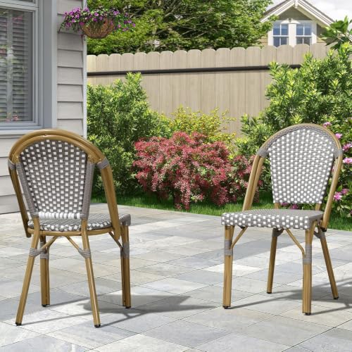 Image of PURPLE LEAF Outdoor French Bistro Chairs Set of 2, Bamboo Finish, Gray